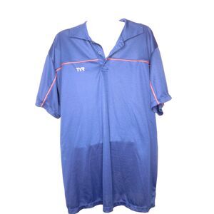 Men's TYR Polo Shirt XL Dark Blue Red Piping Sports Casual 100% Poly